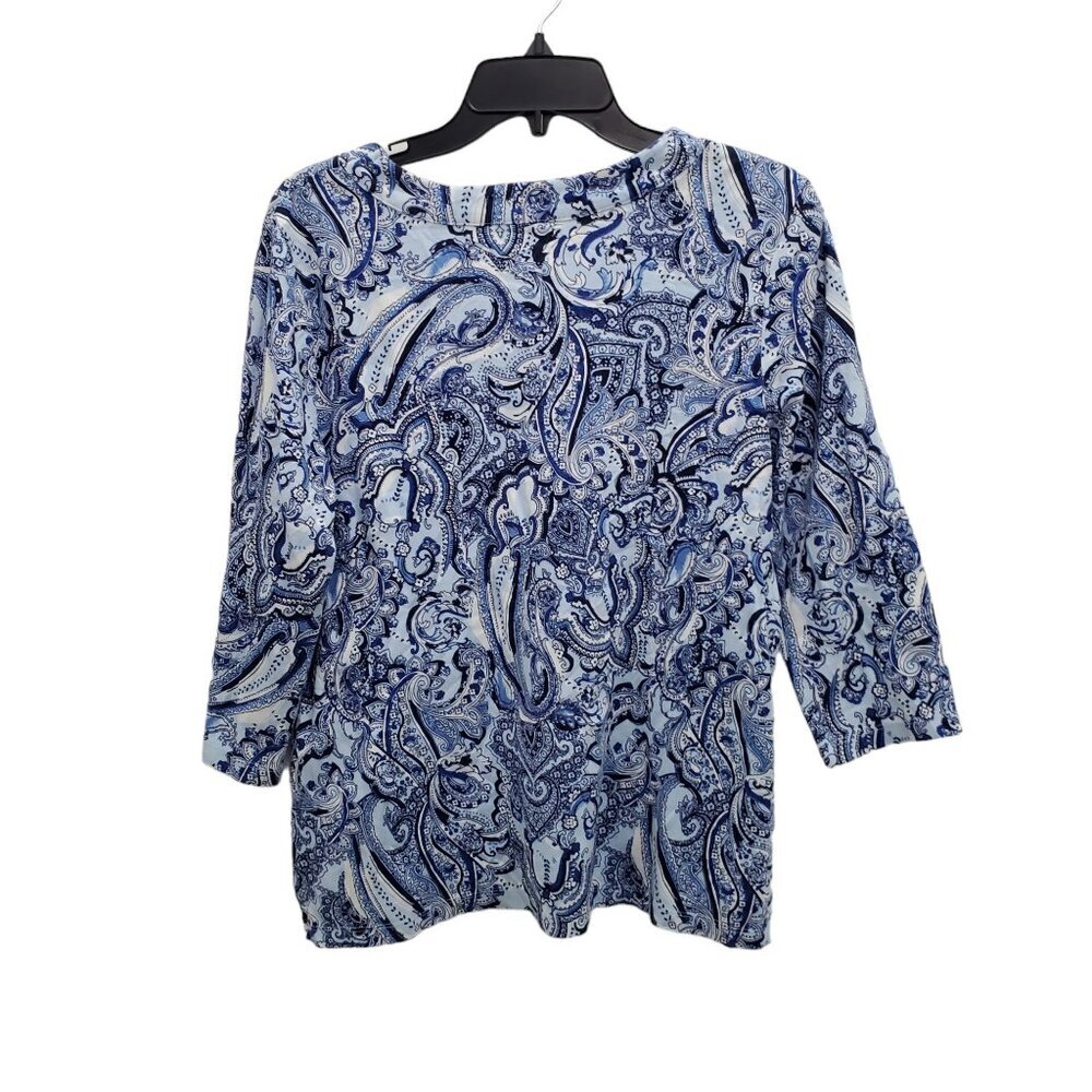 Kim Rogers Petite Blue White Paisley‎ Print 3/4 Sleeve Boho Tee Top Size PXL - Picture 6 of 6